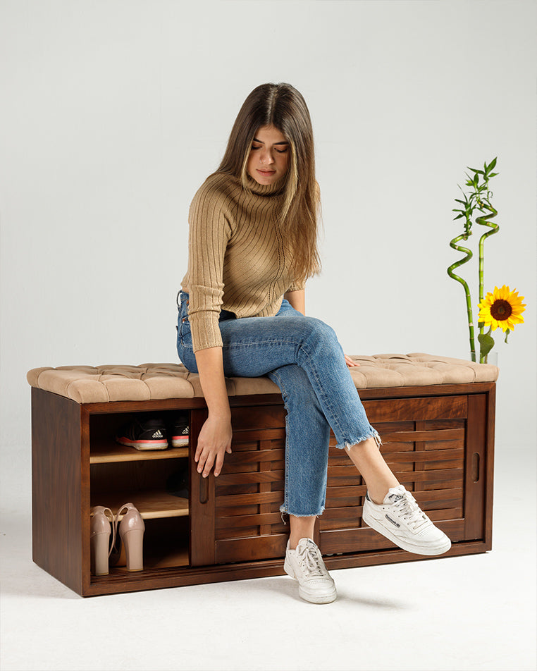 Walnut Sliding Shoe Storage Bench - Wasilaah