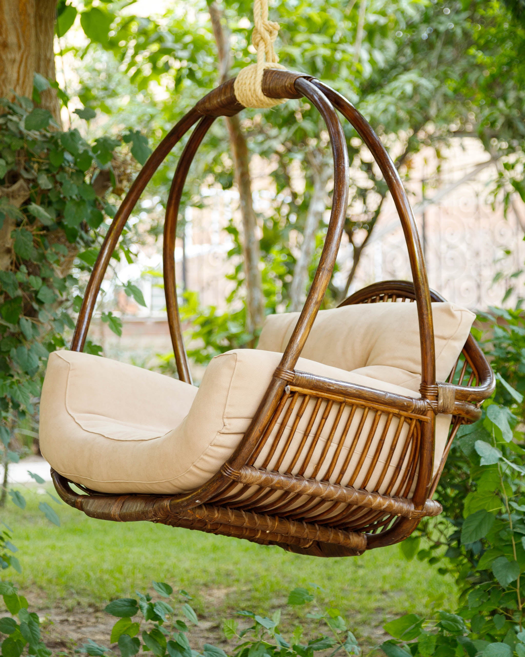 Bamboo swing chair online cushions