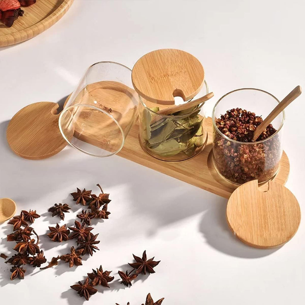 Badash Jar Set with 3 Glass Jars and Spoons on Wood Stand