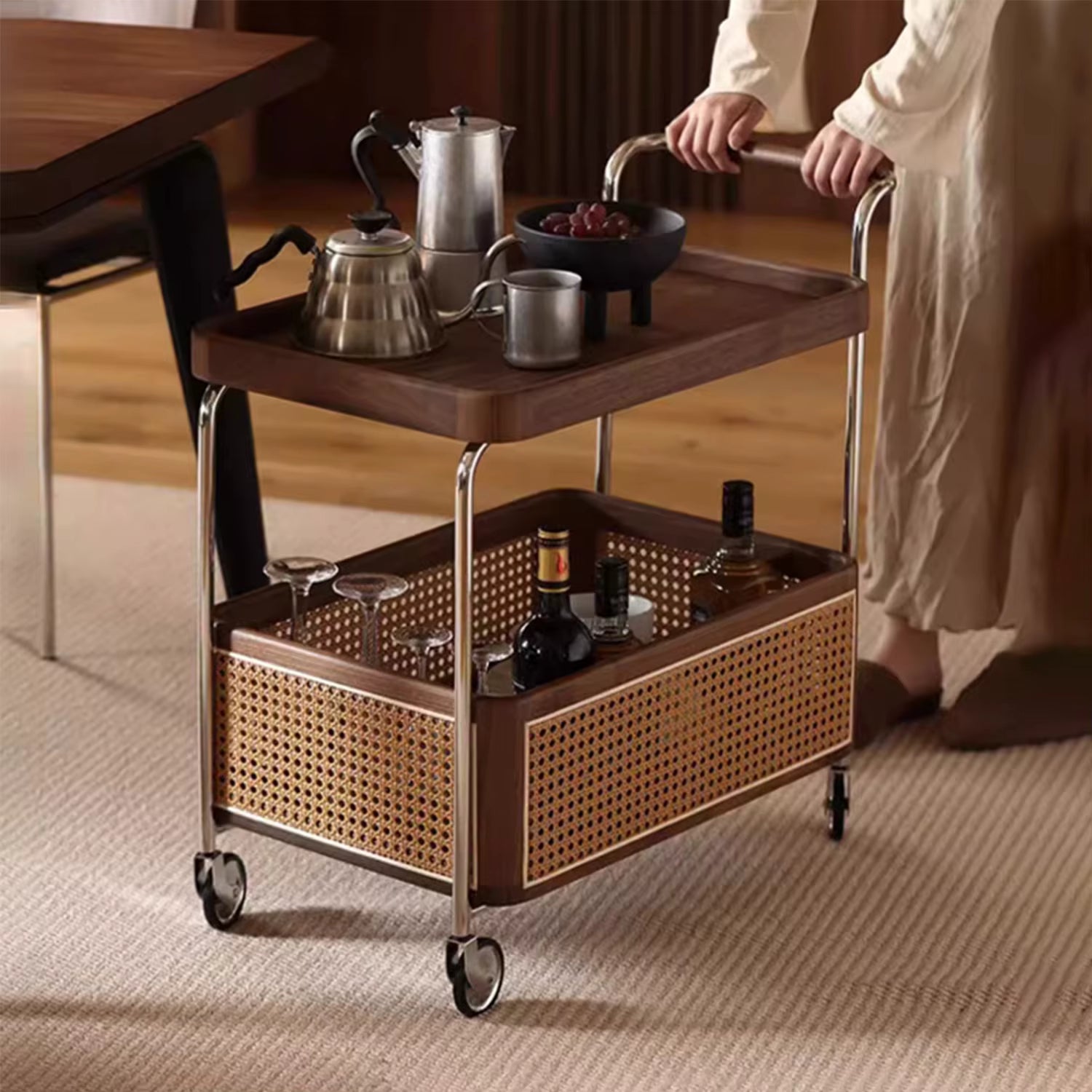 Walnut Rattan Trolley